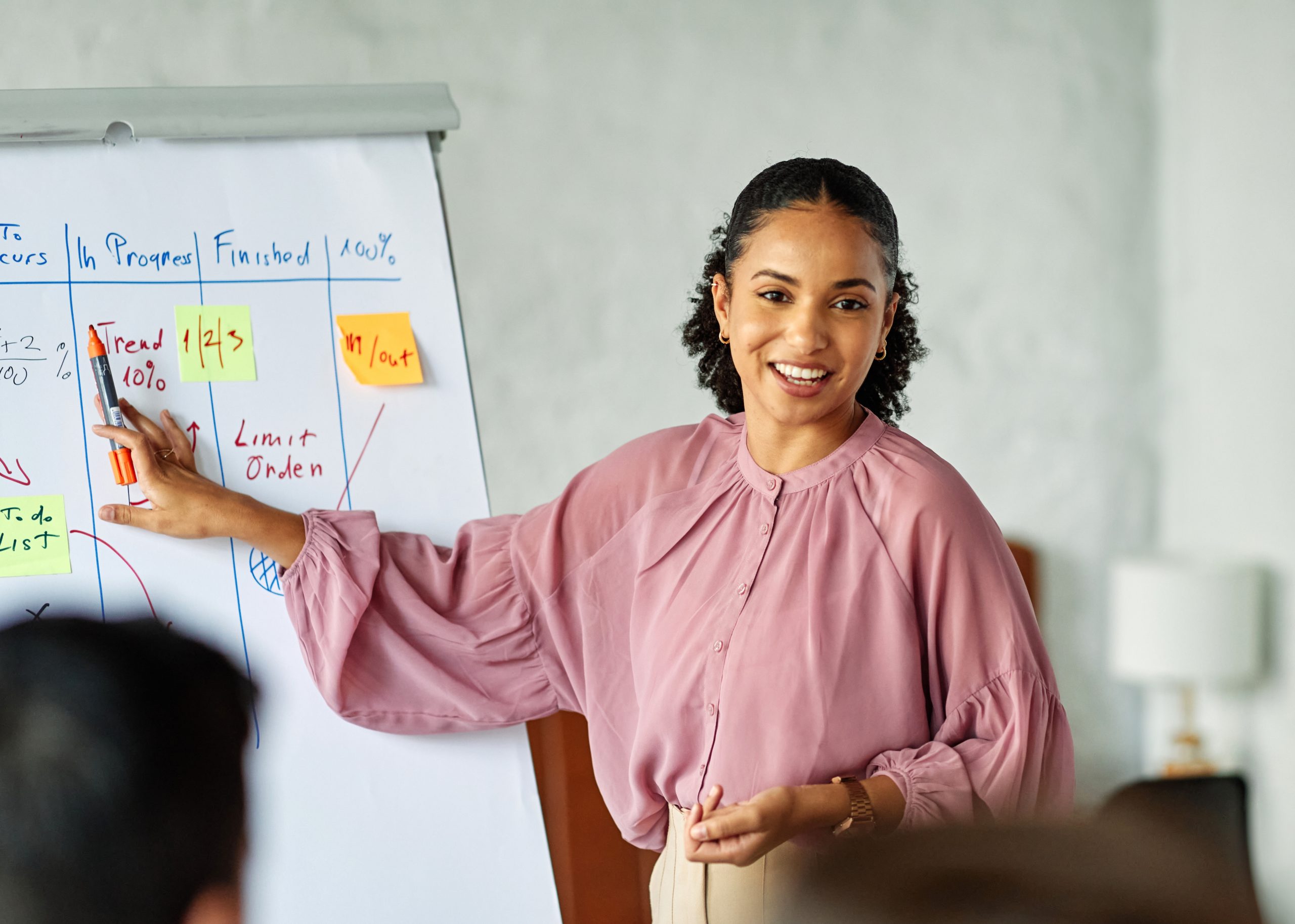 Woman presenting at a flip chart during a team meeting.